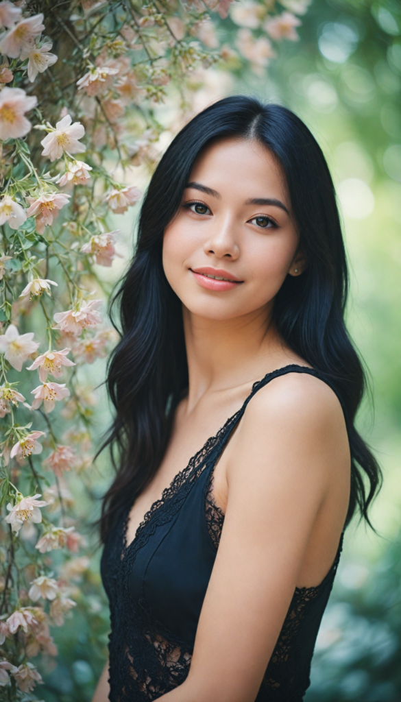 a young girl with an air of whimsy, sporting a playful cropped black tank top adorned with delicate lace edges, her silky, straight long black hair cascading like a waterfall, a round face radiating youthful charm, her full, kissable lips curved into a mischievous smile, sparkling round eyes that shimmer like stars, flawless skin glowing with a soft luminescence, surrounded by a dreamy, ethereal background of pastel colors and whimsical floral accents, reminiscent of a modern fairy tale illustration.