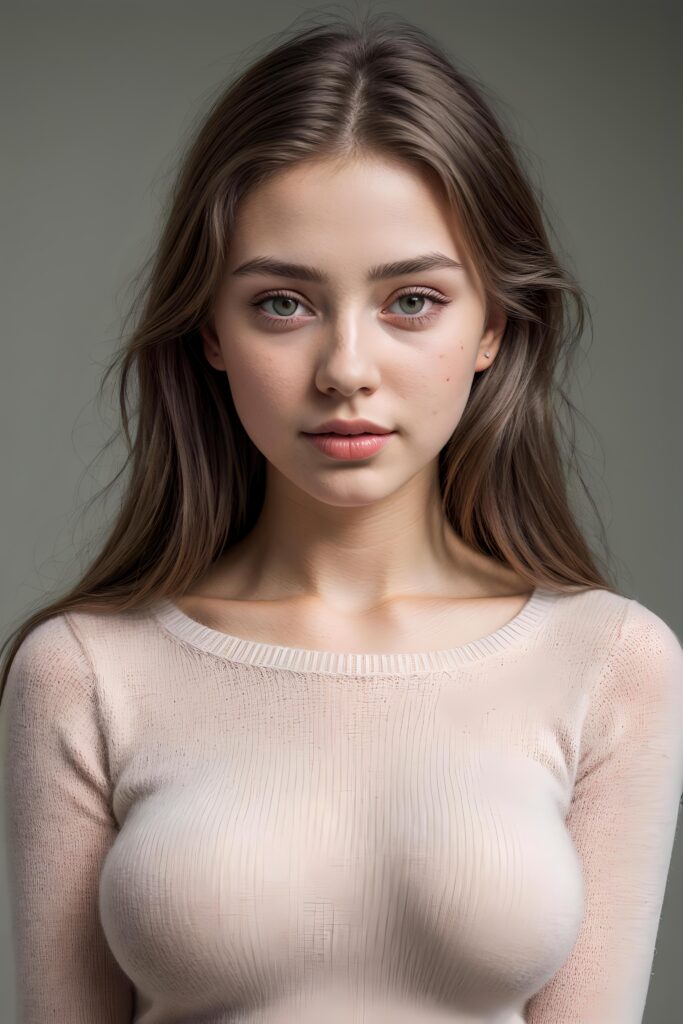 super realistic, detailed, ((gorgeous)) ((stunning)) cute young breasted girl, full portrait, 18 years old, thin wool sweater