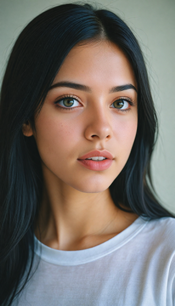 a beautifully realistic upper-body portrait, cinematic lights, from an Exotic teen girl, realistic detailed angelic round face, full lips, (realistic detailed eye) look at the camera, portrait shot, wears a short (white t-shirt), white background, side perspective, (cute), (elegant), (attractive), (long, straight soft ravenblack hair), (stunning) (gorgeous)