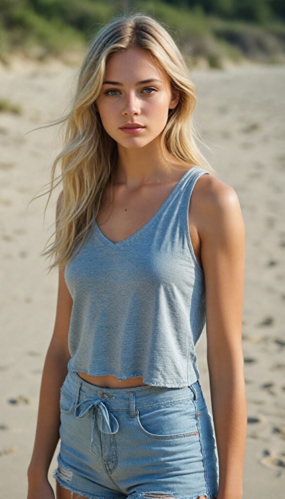 a (realistic and detailed portrait) of a beautiful young top model teen girl in a sleek, plunging V-neck (grey sports crop tank top), showcasing a perfect, curves-fitting body, with tattered short pants and an angelic, round face, tousled soft long straight blonde hair against a natural, sunny sand beach backdrop