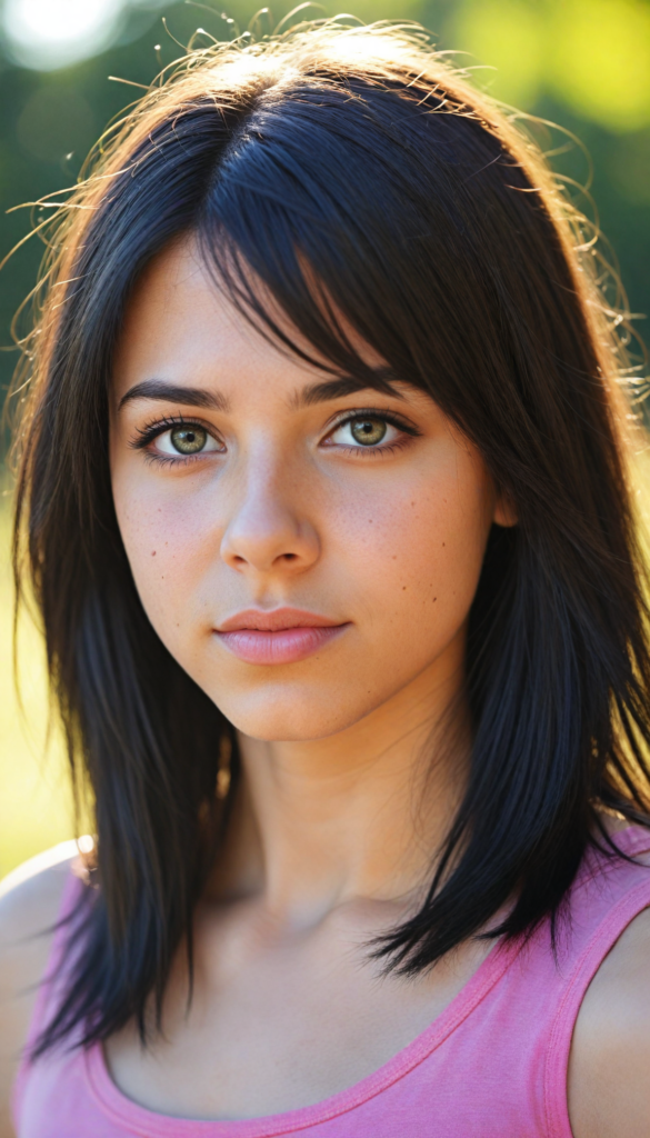 realistic and detailed portrait from a (cute teen emo girl with long, soft black straight hair framing her face in gentle waves) and amber eyes, full lips, (wears a no printed short form-fitting pink tank top), against a (sunny backdrop)