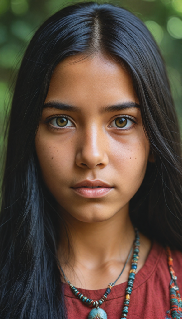 super realistic, 4k, detailed face, cute young Indigenous girl, long obsidian black straight soft hair, looks at the camera, portrait shot, super realistic amber eyes