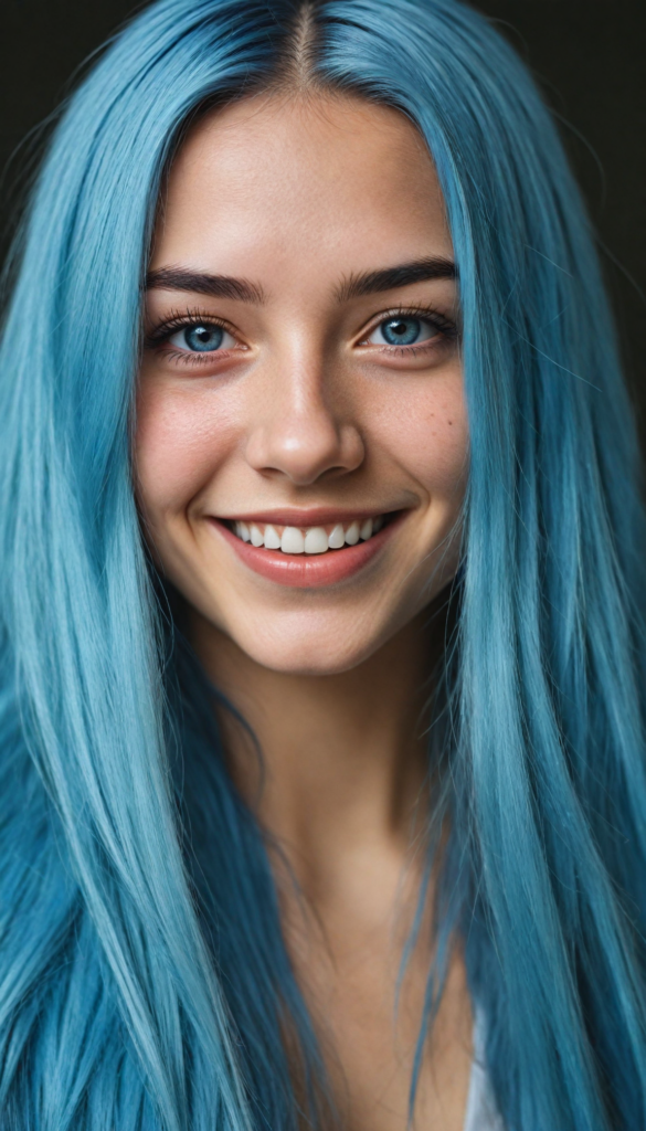 a detailed and super realistic portrait from a young stunning gorgeous girl with long, soft jet straight blue hair, smile, upper body