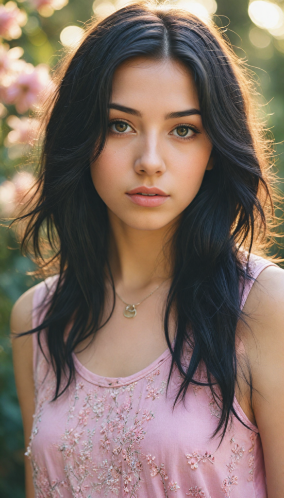 a hyper-realistic and intricately detailed portrait of a whimsical teen emo girl with flowing, soft black hair cascading in gentle waves, framing her face beautifully. Her striking amber eyes radiate warmth and depth, complemented by full, expressive lips. She wears a chic, no-pattern, form-fitting pink tank top that contrasts with the vibrant background, adorned with a dreamy blend of swirling pastel colors reminiscent of a sunset. Sunlight filters through an ethereal garden full of blooming flowers and soft bokeh effects, casting a warm glow that highlights the girl's delicate features and adds a magical quality to the scene.