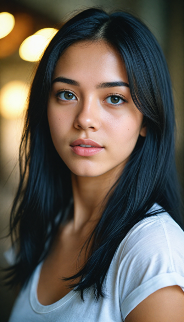 a beautifully realistic upper-body portrait, cinematic lights, from an Exotic teen girl, realistic detailed angelic round face, full lips, (realistic detailed eye) look at the camera, portrait shot, wears a short (white t-shirt), white background, side perspective, (cute), (elegant), (attractive), (long, straight soft ravenblack hair), (stunning) (gorgeous)