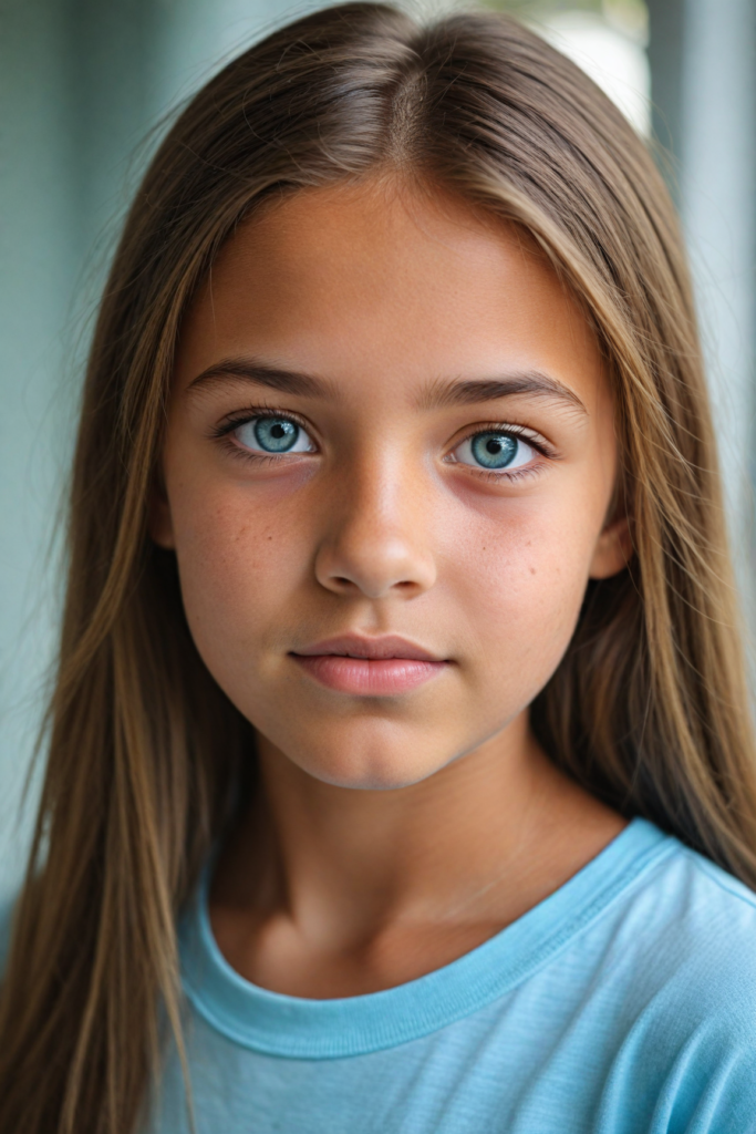 a (detailed portrait) from a tanned (young innocent girl), round, angelic face, flawless soft skin, long soft straight light brown hair, white t-shirt, light blue eyes, (full kissable lips)