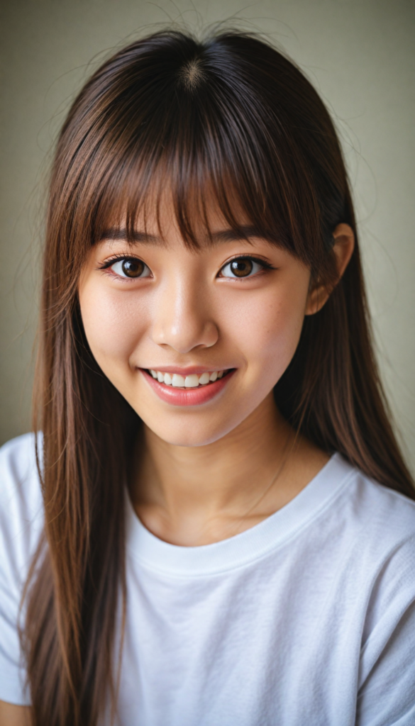 (portrait), detailed, (a Japanese young cute girl), long straight soft detailed hair, realistic detailed amber eyes, bangs cut, white t-shirt, smile, white teeth