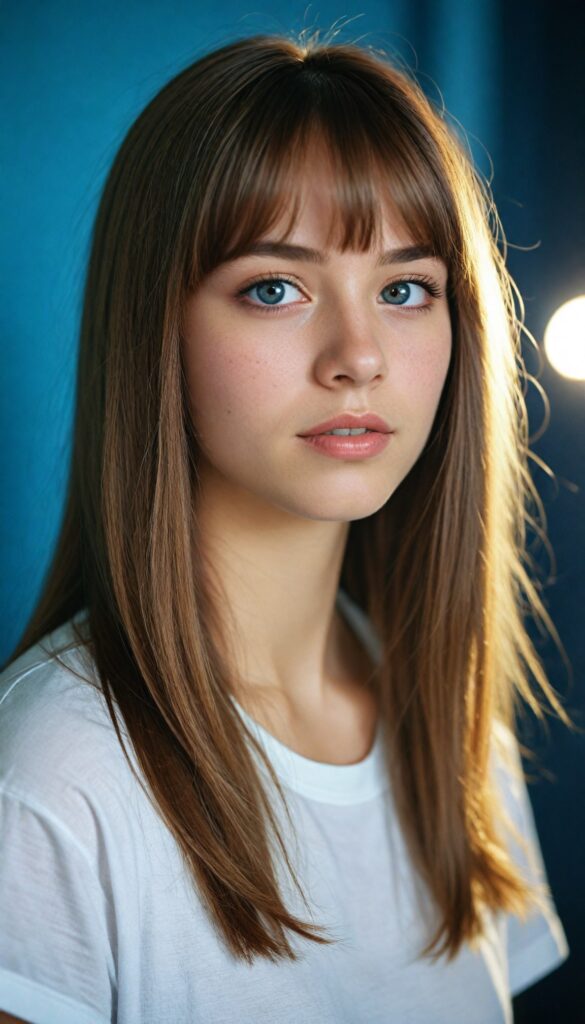 a (teen girl with bangs cut), (vividly drawn long, straight soft hazel hair) that reflects the light in a (professional night photograph), is depicted with exquisite detail, her face softly angelic yet realistically defined, big round eyes, wearing a (super short, sleek white T-shirt) against a blue backdrop, (side view)