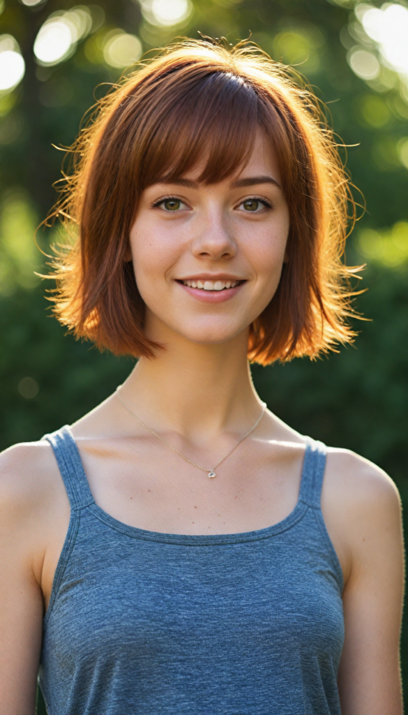 a beautiful (teen girl) with auburn hair in bob bangs cut, styled in a sleek, short-cropped tank top, (vividly realistic photo), (natural background), very happy, dimmed light