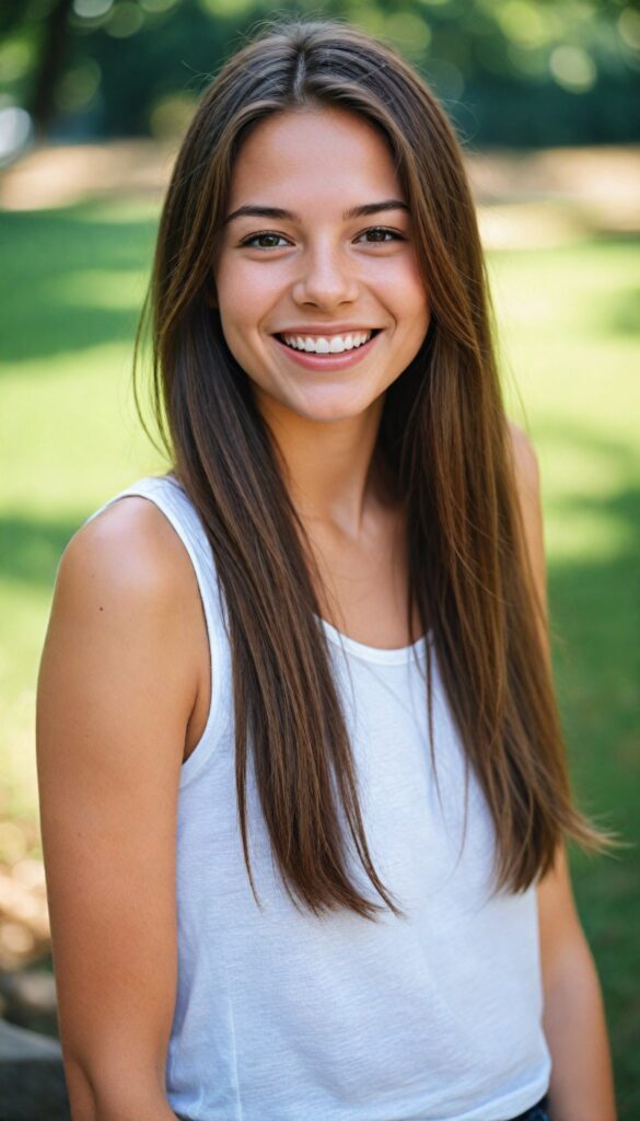 a breathtakingly detailed and hyper realistic (professional photograph) of a young teen girl with straight, silky jet brown soft hair cascading down her shoulders, round face, full lips, smile, white teeth despite its perfect length and texture suggesting advanced age, paired with a minimalist (white short sleeve tank top)