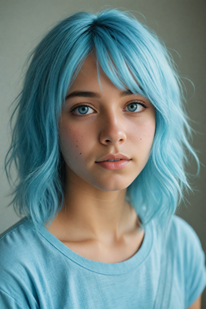 a whimsically illustrated brown-skinned teen emo girl, with cascading, gently undulating straight light blue hair framing her face, accentuated by a subtle cascade of side bangs. She has detailed light blue eyes, her complexion glows with an ethereal light blue hue, embodying a haunting beauty that evokes a bittersweet sense of melancholy and introspection. Surrounding her is a dreamy, misty backdrop of soft grey, interspersed with delicate, ethereal swirls of muted pastel colors, creating a serene yet poignant atmosphere reminiscent of a twilight dreamscape. The scene captures the essence of emotional detachment, while inviting viewers to delve into the depths of her reflective demeanor, with intricate, whimsical details that evoke a sense of fragile beauty. She wears a light blue, short cropped t-shirt