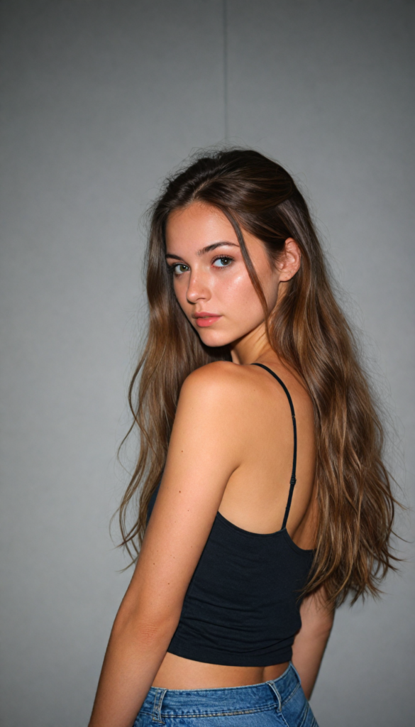 an attractive (teen girl) dressed in a sleek, (short-cropped tank top), with flowing, long tresses soft hair, cascading down her back, captured in a (vividly realistic photo). Her features are softly highlighted by the dimly lit room