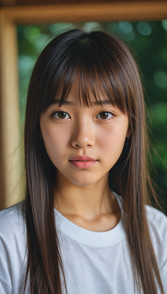 (portrait), detailed, (an Asian young cute girl), long straight soft detailed hair, realistic detailed amber eyes, bangs cut, white t-shirt