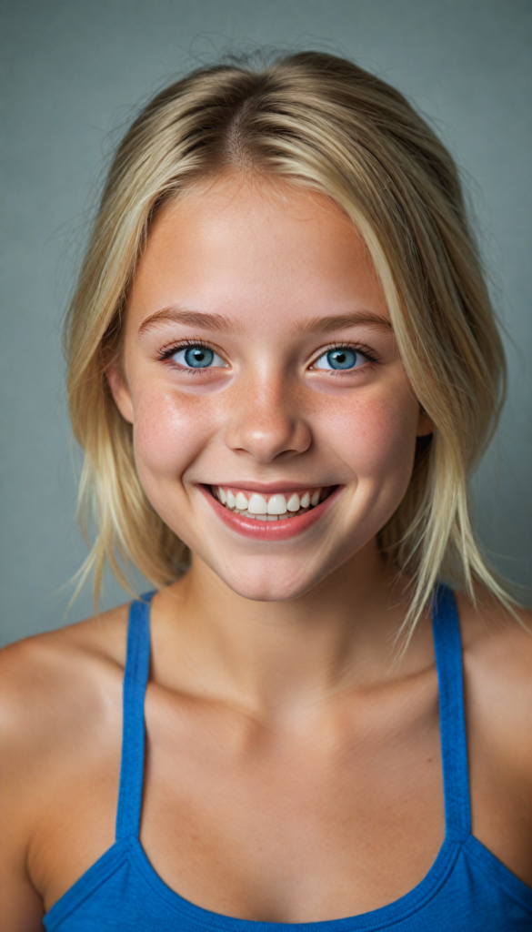 (realistic, detailed) (stunning) portrait, a young girl, perfect curved body, smile, straight gold hair, blue eyes, detailed face, wears a blue short tank top