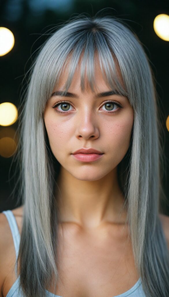 (portrait) of (cute) (elegant) (attractive) (long, straight grey hair) (stunning) a beautifully realistic, cinematic lights, teen girl, bangs cut, realistic detailed angelic round face, (realistic detailed hazelnut eye) looks sadly at the camera, portrait shot, perfect curved body, (wears a super short tight (tank top)), perfect anatomy, side perspective