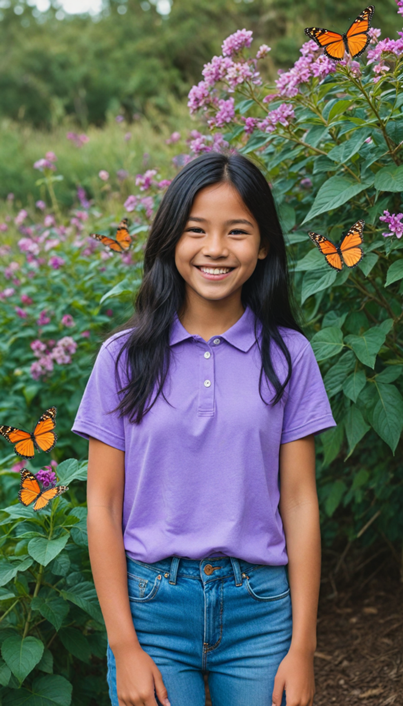 a joyful young girl radiating happiness, wearing a vibrant purple t-shirt with a tightly buttoned high collar that frames her cheerful face. Her straight, long jet-black hair cascades like a waterfall down her shoulders. She sports a pair of trendy jeans, playfully showcasing her navel as she stands confidently. The background is a dreamlike pastel landscape filled with whimsical flowers and butterflies, enhancing her infectious smile. The scene captures a sense of freedom and youth, reminiscent of a vibrant pop art painting.