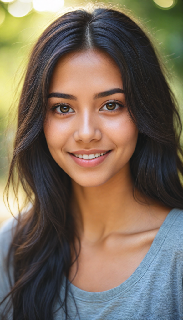 captivating portrait of an enchanting young exotic girl with a playful smile, wearing a soft grey t-shirt that contrasts with her flowing, intricately detailed black straight hair cascading around her shoulders. Her expressive brown eyes sparkle with joy and mischief, framed by delicate lashes, while her perfectly curved silhouette subtly blends into the soft, warm background reminiscent of a dreamy sunset. The composition captures an ethereal quality, enhanced by gentle bokeh effects that add a sense of whimsy, inspired by the warmth of impressionist art and the charm of contemporary portrait photography.