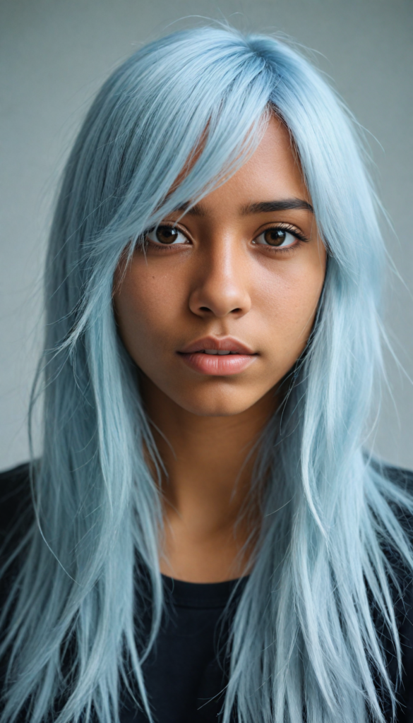 a beautifully drawn (brown-skinned teen emo girl) with flowing, softly waving (straight white hair) framing her face in side bangs and highlighted by a contrasting light blue complexion, expressing a poignant feeling of melancholy and emotional detachment, set against a softly grey (backdrop)