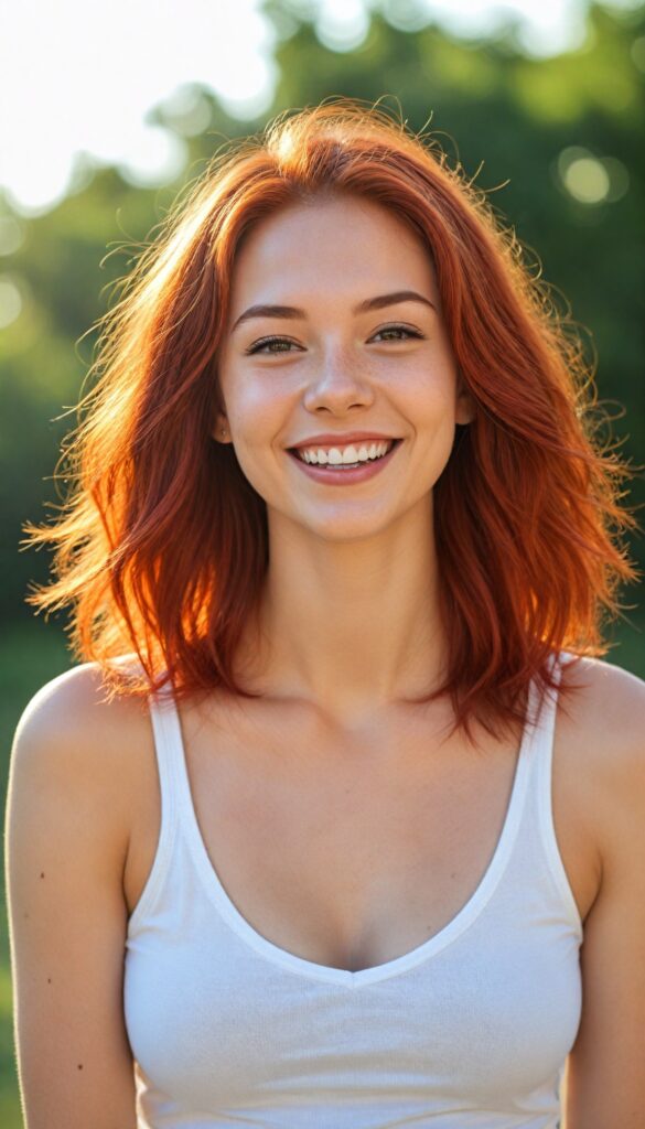 a (realistic and detailed photo), capturing a (cute, attractive, gorgeous, stunning teen girl) with a super short, tight, deep v-neck, plain cropped tank top, (curved body), (long straight jet soft red hair), warm smile, sunny backdrop, she smile very happy, white teeth