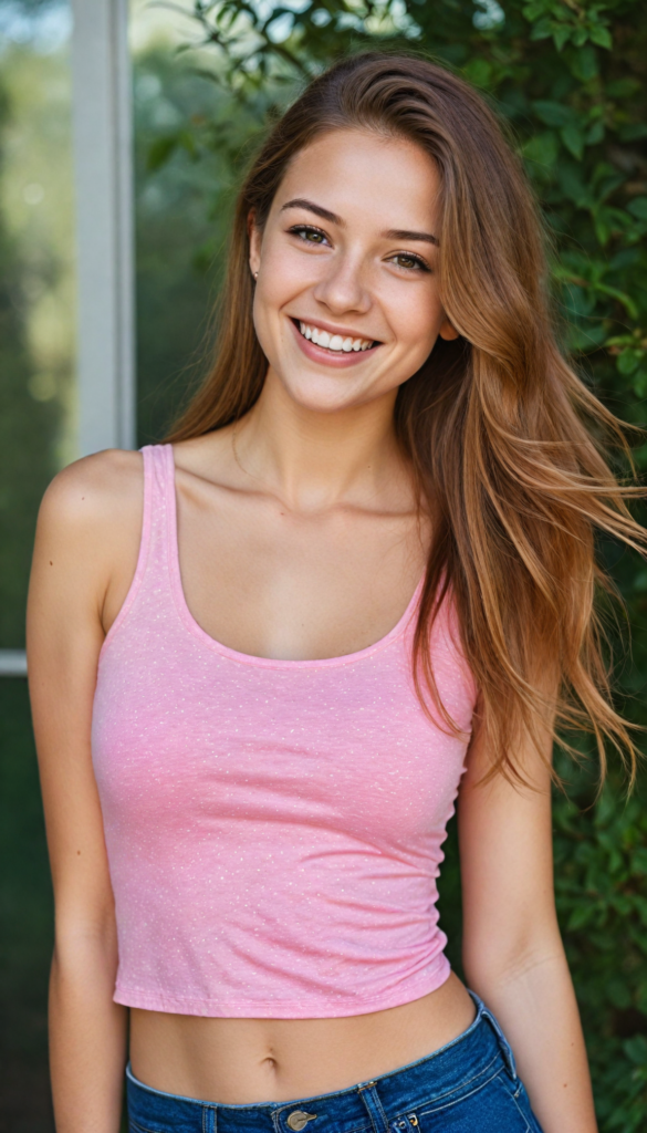 a upper body portrait from a (teen girl) with a joyful and sunny smile, wearing a sleek and fitted short crop pink tank top that showcases her perfect, curves, captured in a (flawless portrait), with long, flowing, straight hazelnut hair cascading down