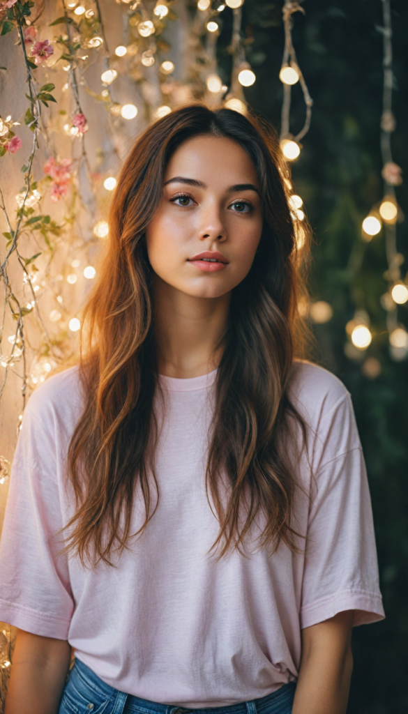 an enchanting youthful girl adorned in a chic, (short-cropped light pink tee) that subtly glimmers, her long, cascading hair resembling a waterfall of silk reflecting gentle hues, posed gracefully in a (whimsical, ethereal setting), with soft, glowing fairy lights illuminating her delicate features, enhanced by shadows that dance around her in the dimly lit room, creating a blend of realism and dreamlike fantasy reminiscent of a mix between a contemporary portrait and impressionist painting.