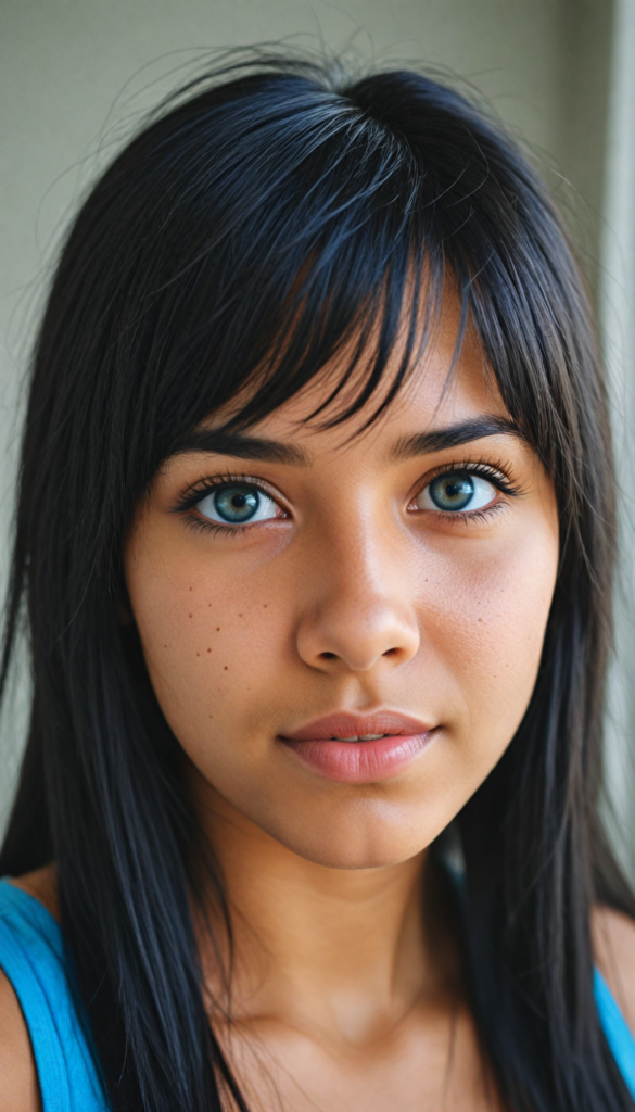 super realistic, 4k, detailed face, cute young Latino teen girl, long obsidian black straight soft hair, bangs cut, wear a blue crop tank top, looks at the camera, portrait shot, super realistic amber eyes