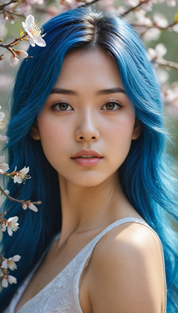 a hyper-realistic, intricately detailed portrait of a stunning young Asian girl with flowing, sapphire-blue hair that cascades like silk. Her gentle gaze is both playful and introspective, inviting the viewer into her world. She wears a delicate white tank top adorned with subtle floral embroidery, which softly contrasts with the vibrant hues of her hair. The background is a dreamy blend of soft pastel colors, evoking a serene atmosphere, with hints of sunlight filtering through a cherry blossom tree, adding a touch of ethereal beauty to the scene.