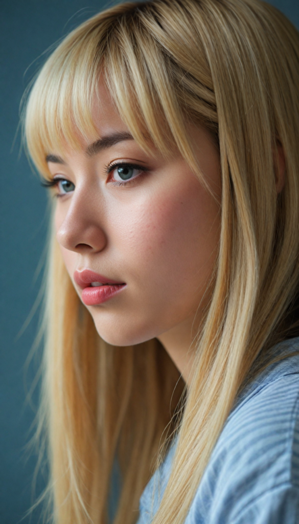 create a detailed and masterpice of (side view) portrait: a Japanese girl, long blond soft straight hair, bangs, she looks astonished and her mouth is slightly open, (her eyes are light blue) (full red lips) (round face) perfect shadows and light