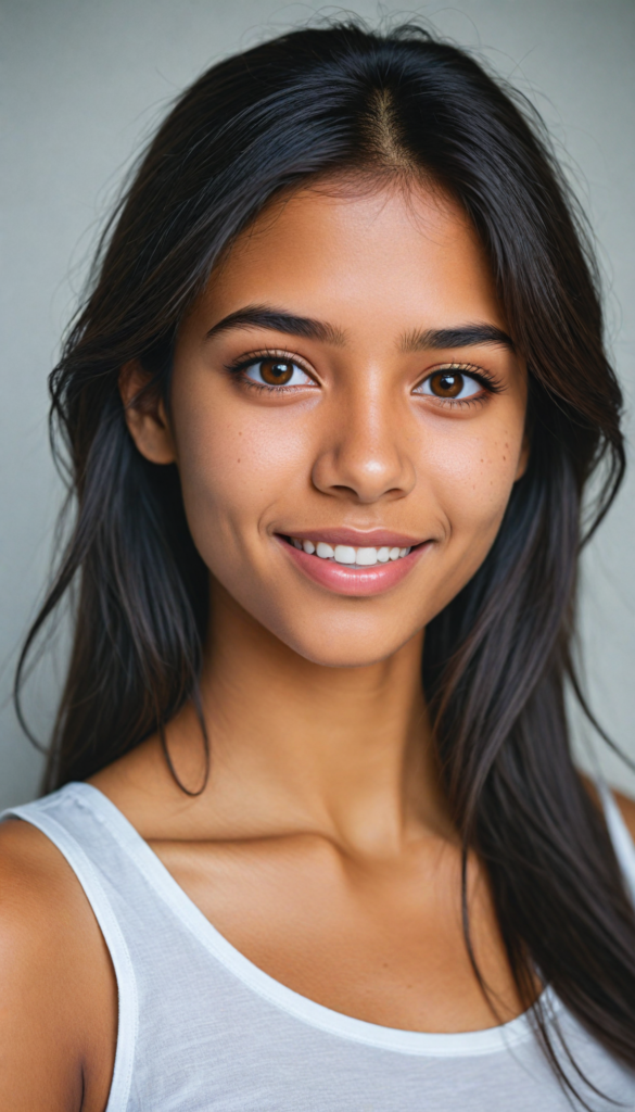 a very detailed and realistic (full body) portrait of a (brown-skinned teen girl), (long straight (dark brown hair), (realistic detailed (big brown eyes), (thin lips), (realistic detailed (brown skin), (light brown (eyes), (catchlights in both eyes), (matching eyes), (bright smile), (face illuminated), (looking into the camera), (wearing a very low cut (white tank top) made on thin silk)