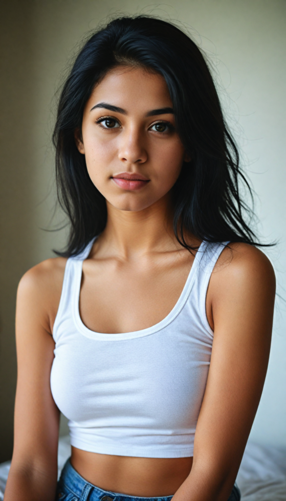 a (stunningly gorgeous) (detailed and realistic portrait) featuring a cute Arab teen girl who wears a (white short cropped tank top), long straight obsidian black hair, she has a perfect curved body