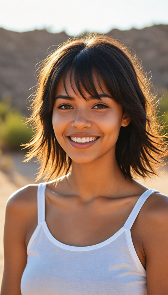 a captivating close-up portrait of a young brown-skinned girl with an enchanting smile, her softly straight black hair gracefully cascades around her face, accentuated by delicate side bangs. The composition embraces both her full lips and her confident poise, revealing her perfect, curvaceous form. She dons a flowing, ethereal white tank top that subtly contrasts with the warm tones of the sunlit desert landscape, where golden sands create a dreamy backdrop. The lighting casts a soft halo around her, adding a touch of magic and warmth to the scene, reminiscent of a contemporary impressionist painting captured in vivid colors.