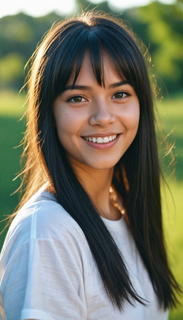 a detailed and realistic photo from a (cute) Indigenous teen girl (long, straight jet hair, bangs), (stunning), (gorgeous), beautifully realistic, cinematic lights, realistic detailed angelic round face, (realistic detailed amber eye) looks happy at the camera, perfect curved body, (wears a super short tight (white t-shirt)), perfect anatomy, side perspective, against a sunny green backdrop