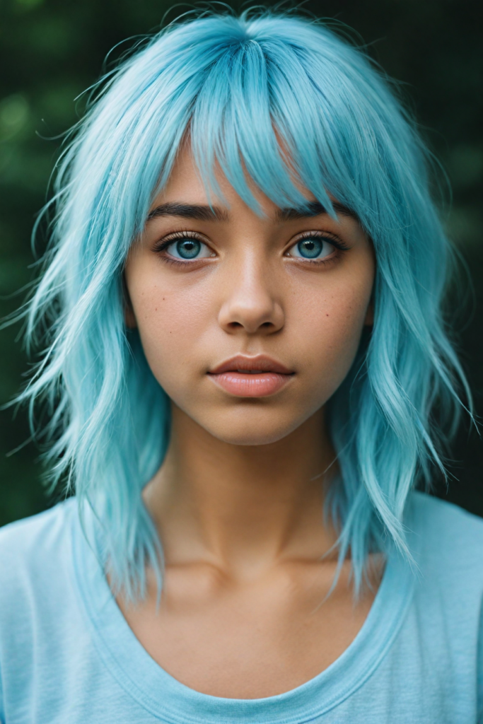 a whimsically illustrated brown-skinned teen emo girl, with cascading, gently undulating straight light blue hair framing her face, accentuated by a subtle cascade of side bangs. She has detailed light blue eyes, her complexion glows with an ethereal light blue hue, embodying a haunting beauty that evokes a bittersweet sense of melancholy and introspection. Surrounding her is a dreamy, misty backdrop of soft grey, interspersed with delicate, ethereal swirls of muted pastel colors, creating a serene yet poignant atmosphere reminiscent of a twilight dreamscape. The scene captures the essence of emotional detachment, while inviting viewers to delve into the depths of her reflective demeanor, with intricate, whimsical details that evoke a sense of fragile beauty. She wears a light blue, short cropped t-shirt