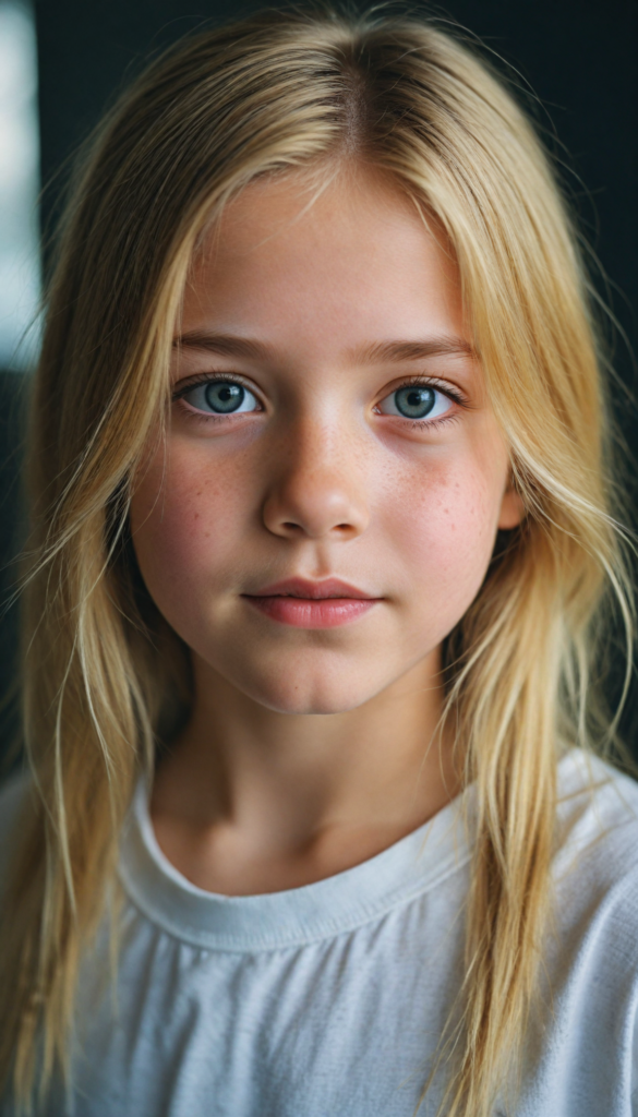 a beautiful young girl with golden blonde hair, looks sweetly into the camera