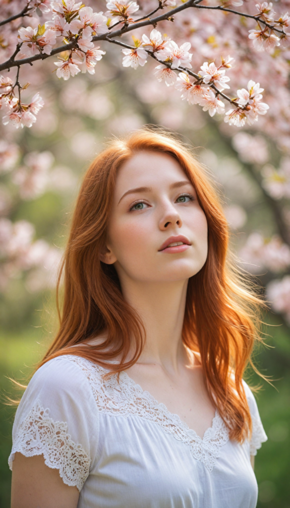 upper-body portrait, a whimsical scene featuring a serene red-haired teen girl with straight hair flowing gently in the breeze, dressed in a delicate light pink, fitted t-shirt adorned with subtle lace details. She is posing, surrounded by blooming cherry blossom trees, with petals drifting gracefully around her. Her expression radiates innocence and curiosity as she gazes at a brightly colored butterfly that flits nearby, capturing the essence of a dreamy spring afternoon, reminiscent of a watercolor painting in the style of Claude Monet.