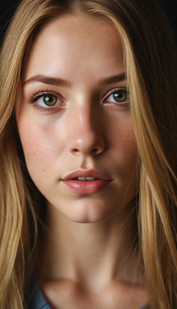 a very detailed and realistic upper body portrait of a (girl), (long yet straight copper-blond hair), (realistic detailed brown eyes), (full kissable lips), (realistic detailed, light amber eyes), (face illuminated)