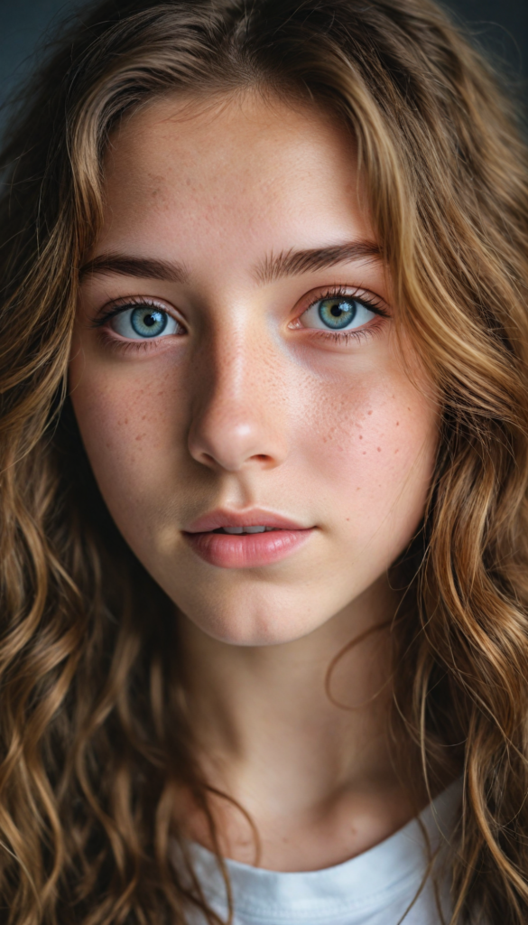 detailed and realistic photo from a young teen girl, soft long brown wavy hair, realistic eyes and face, close up portrait, white t-shirt, (gorgeous) (stunning)