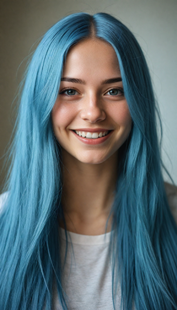 a detailed and super realistic portrait from a young stunning gorgeous girl with long, soft jet straight blue hair, smile, upper body