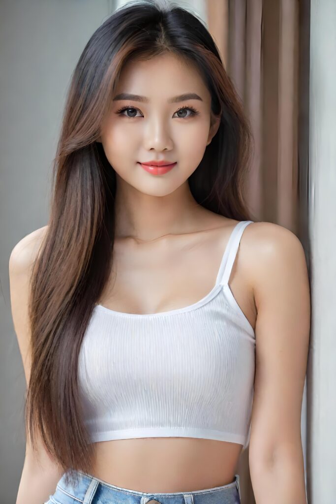 super realistic, detailed portrait, a beautiful young busted girl with long hair, looks sweetly into the camera. She wears a white crop top, perfect curved body