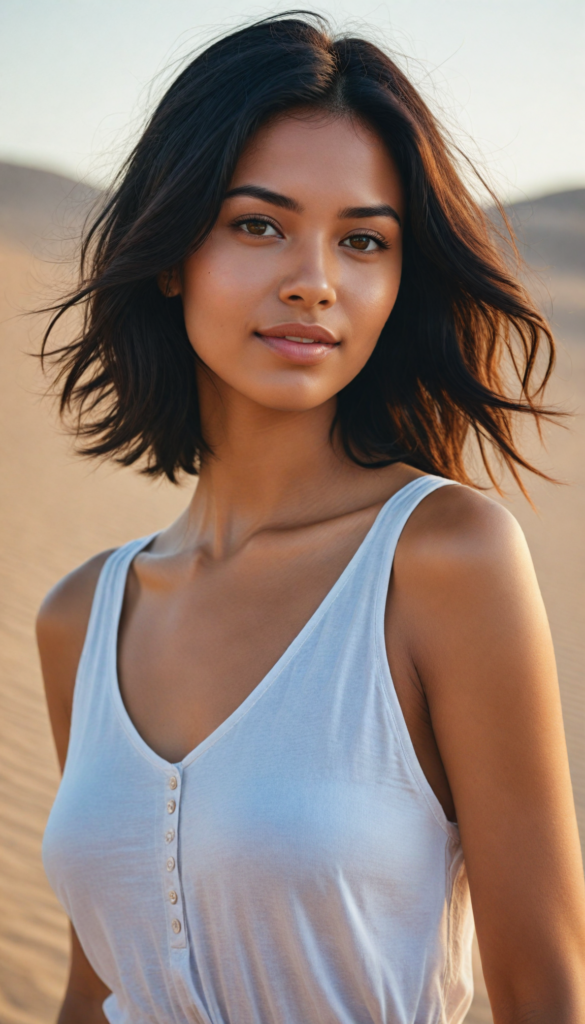 a captivating upper-body portrait of a brown-skinned young woman with an elegant, curvaceous silhouette, her softly cascading straight black hair framing her face with delicate side bangs. Her full lips are slightly parted in a serene smile, accentuating her youthful exuberance. She dons a flowing, ethereal white tank top that billows gently in the warm desert breeze, contrasting beautifully with the sun-kissed tones of her skin. The backdrop features an endless expanse of golden sand dunes, with the soft hues of a sunset painting the sky in shades of pink and orange, while delicate desert flowers peek through the sand, adding a touch of vibrancy to the tranquil scene. The overall atmosphere radiates warmth and calm, evoking a sense of beauty and freedom.