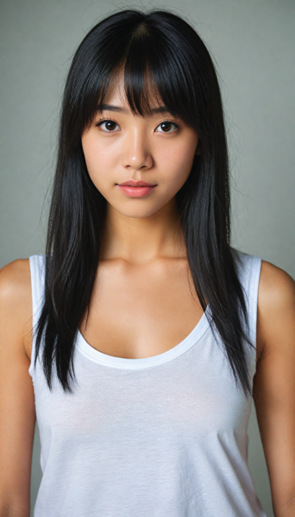 super realistic, 4k, detailed face, cute petite Asian teen girl, long black straight soft hair, bangs cut, wear a white short tight cropped tank top with deep v-neck, looks at the camera, portrait shot