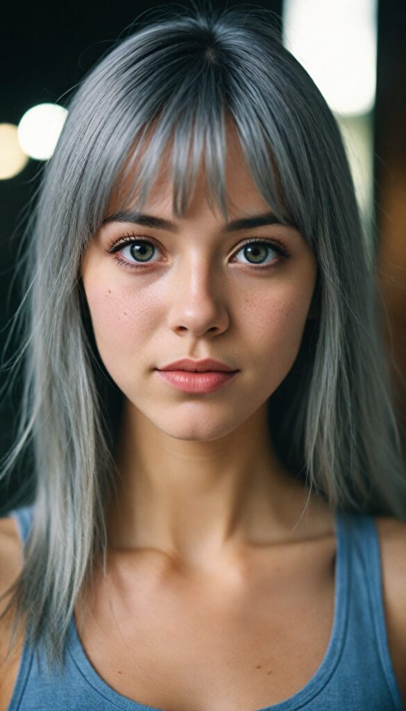 (portrait) of (cute) (elegant) (attractive) (long, straight grey hair) (stunning) a beautifully realistic, cinematic lights, teen girl, bangs cut, realistic detailed angelic round face, (realistic detailed hazelnut eye) looks sadly at the camera, portrait shot, perfect curved body, (wears a super short tight (tank top)), perfect anatomy, side perspective