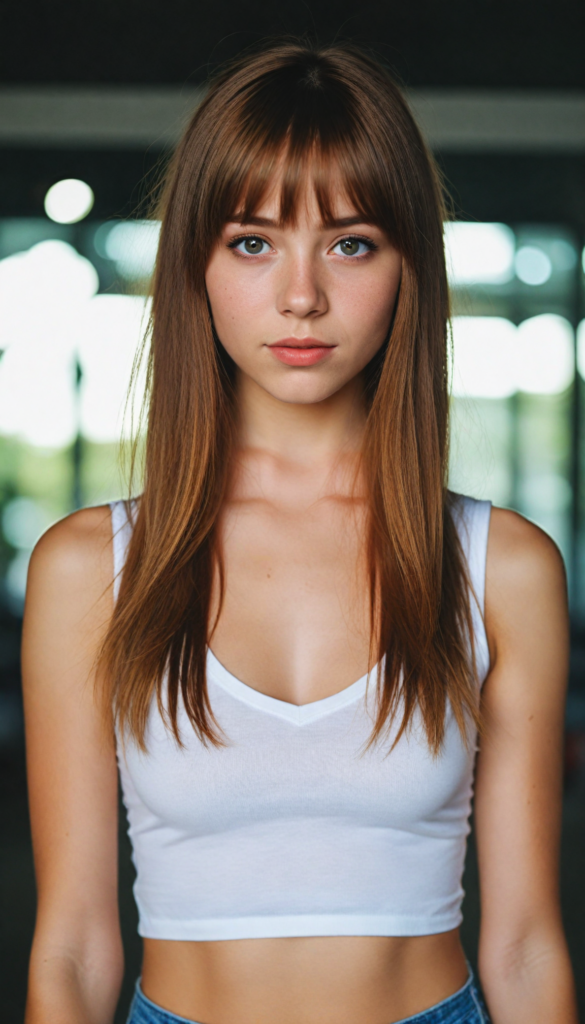 super realistic, 4k, detailed face, cute petite teen girl, long auburn straight hair, bangs cut, wear a white short tight cropped tank top with deep v-neck, looks at the camera, portrait shot