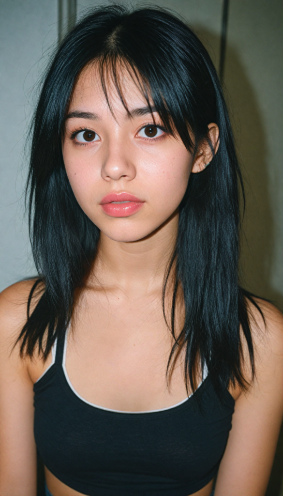 a (young girlie), wears a short cropped black tank top, straight soft long black hair, (round face), full kissable lips, round eyes, perfect skin