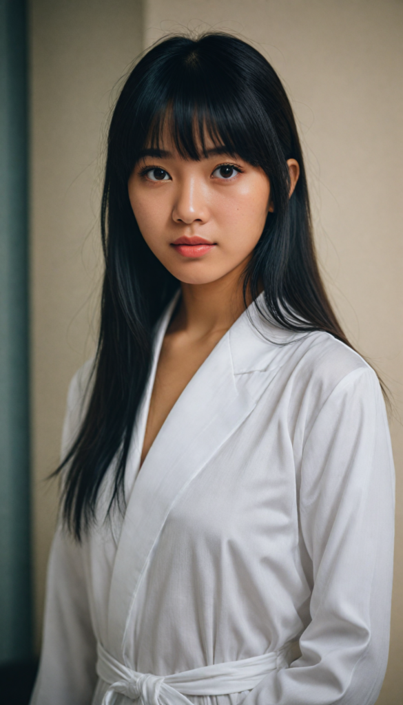 ortrait of a cute Asian girl, black straight hair, bangs cut, white night suit