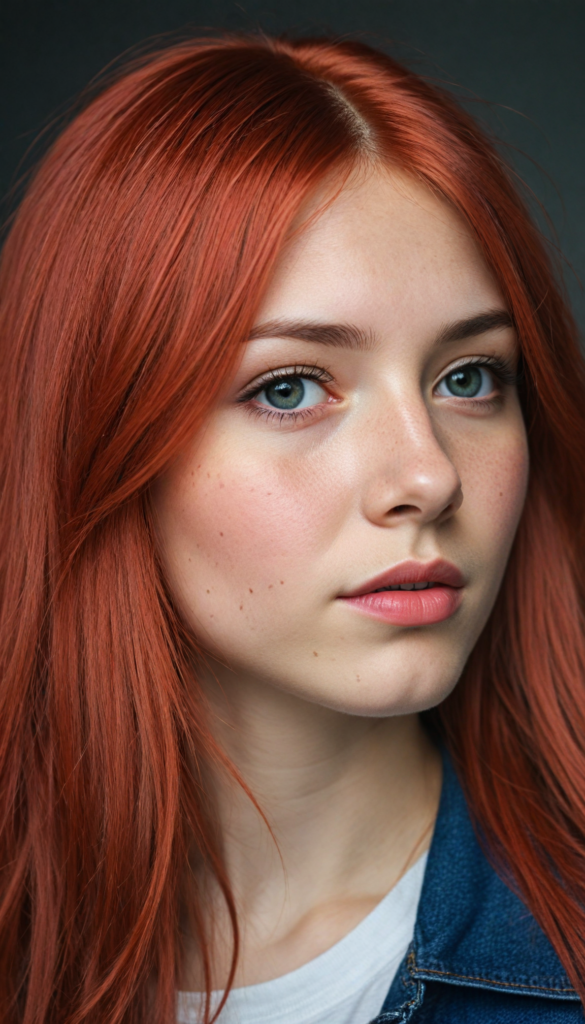 a realistic, detailed, dynamic photography from a beautiful young teen (Emo girl), with (detailed red long soft straight hair), looking into the camera, dynamic cinematic lights, perfect detailed face, side view, (close up portrait), (stunning), (gorgeous), (grey background)