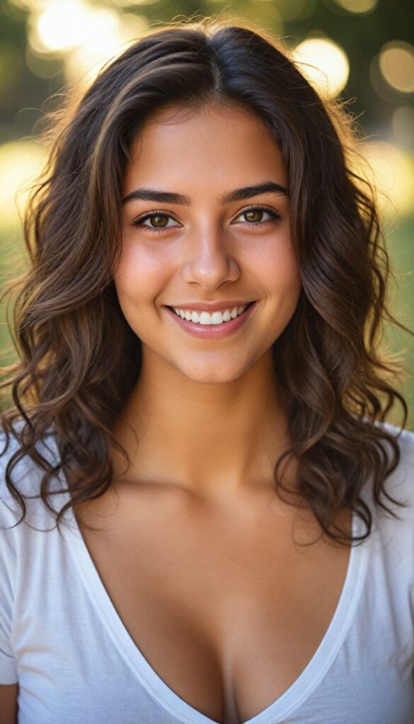 a young cute and busty teen girl from middle east, (stunning) (gorgeous) (detailed close-up portrait), plain soft hair, white t-shirt, detailed beautiful eyes, deep v-neck, smile, sunny backdrop