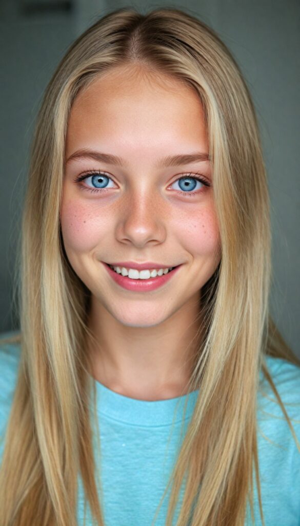 a portrait of a young girl with silky smooth, straight long blonde hair. Her hair falls over her shoulders and covers her upper body. She has sparkling, light blue eyes and a charming smile, (she wears a tight, form-fitting short pink empty T-shirt)