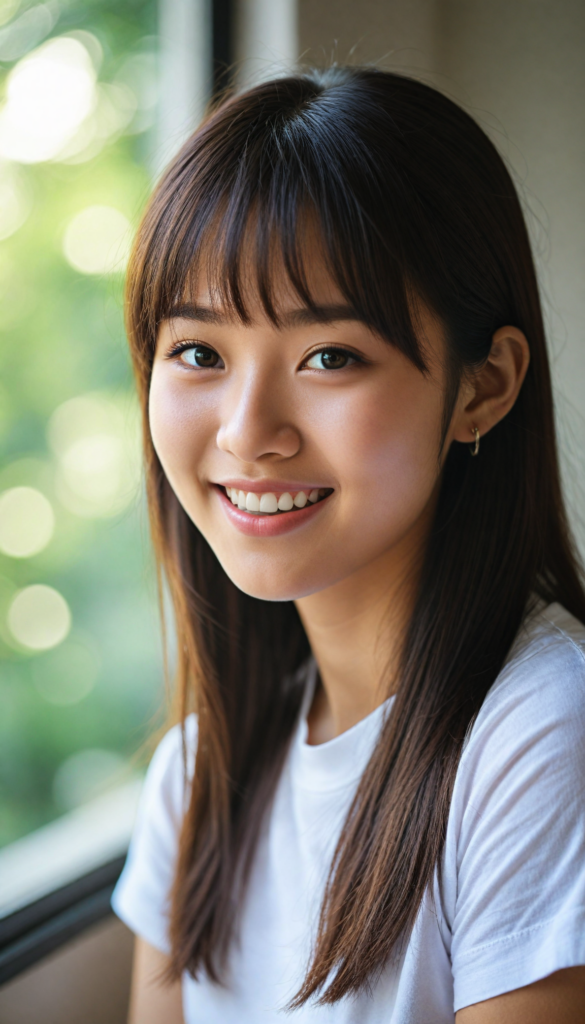 (portrait), detailed, (a young Korea girl), long straight soft detailed hair, Korean Style Bangs, realistic and detailed dark eyes, full lips, white t-shirt, smile, white teeth