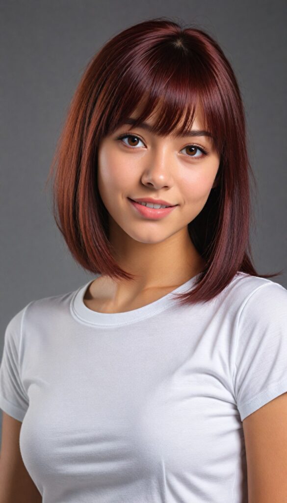 cute teen girl, detailed straight hair, styled bangs, white tight short t-shirt, perfect curved body, ultra realistic face, realistic amber eyes, detailed maroon straight hair, a stunning photo with beautiful saturation, ultra high resolution, deep shadow, (best quality, masterpiece), highly detailed, looking at viewer, warm smile, ultra realistic, side shot, white background, full body shot